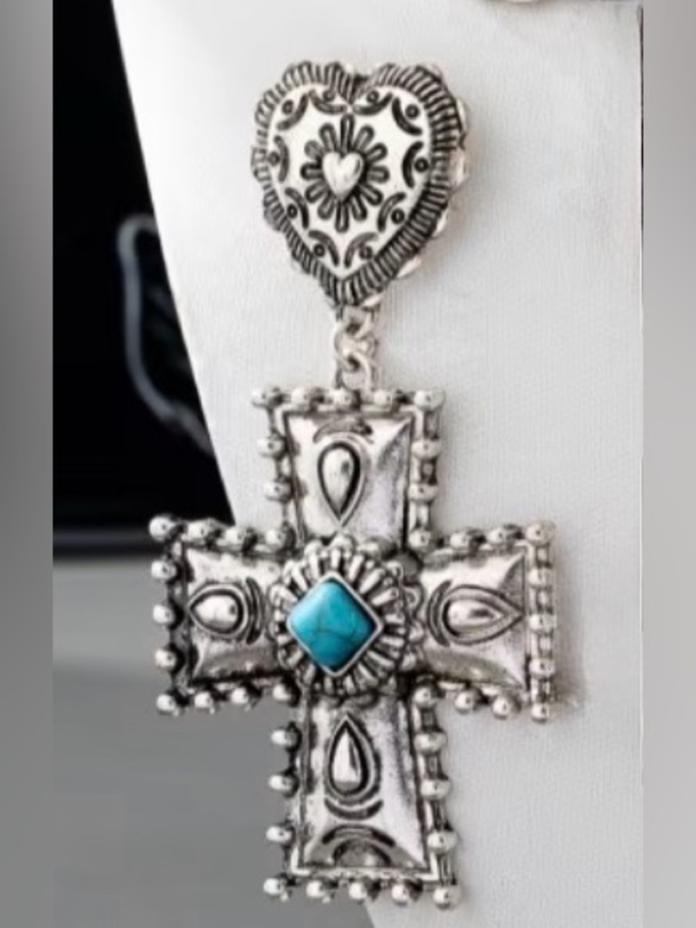 Western Silver Heart-Top Cross Drop Earrings with Turquoise Accent Cowgirl - Picture 5 of 6